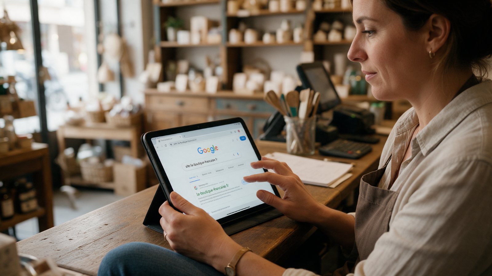 Commerçante consultant sur sa tablette les résultats Google de son site internet dans sa boutique