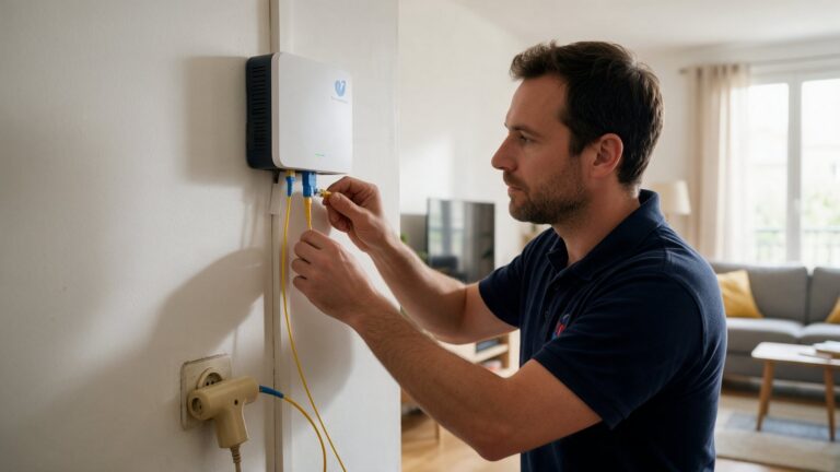 Technicien installant une box fibre optique dans un salon, à côté d'une ancienne prise téléphonique en T