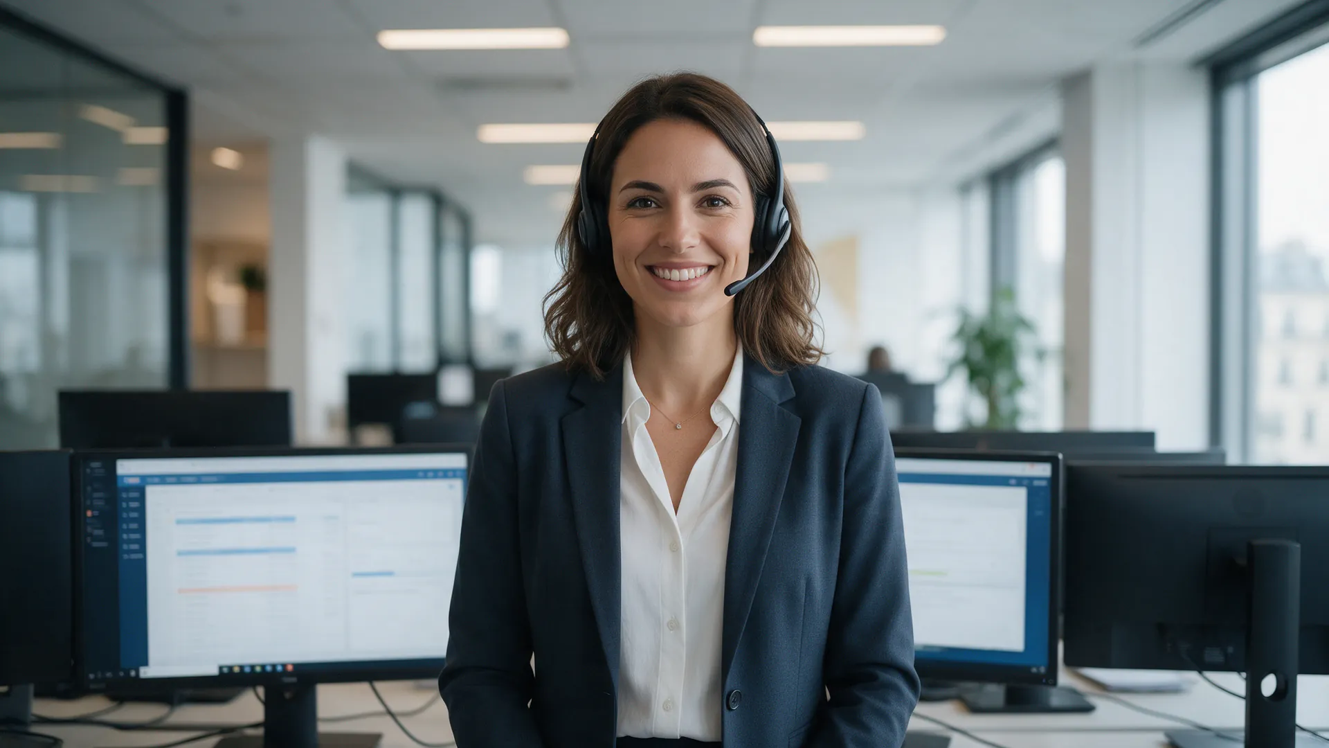 Conseillère KIKA Conseil présentant des solutions télécoms avec un casque téléphonique