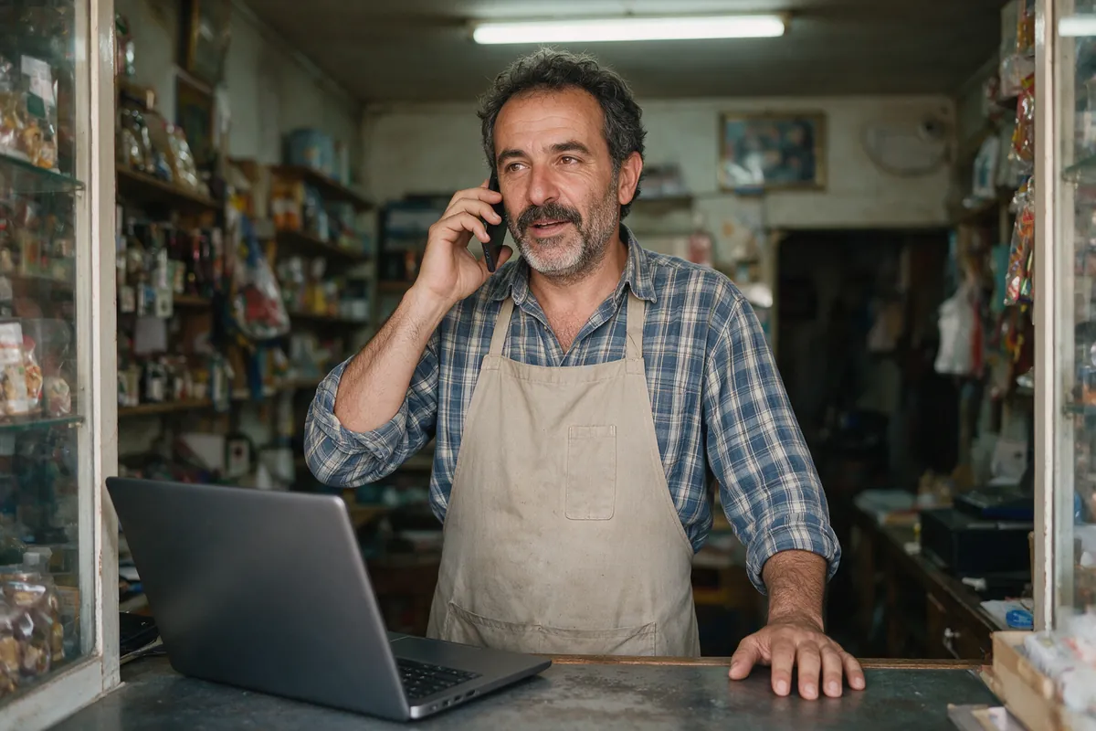 Commerçant indépendant au téléphone dans sa boutique avec un ordinateur portable