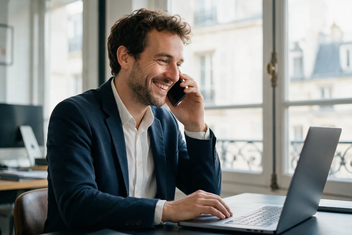 Chef d’entreprise répondant à un appel professionnel sur son smartphone grâce à un numéro SIP