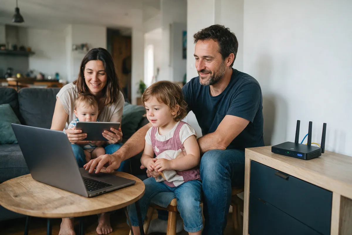 Famille connectée à internet dans son salon avec ordinateur portable et tablette