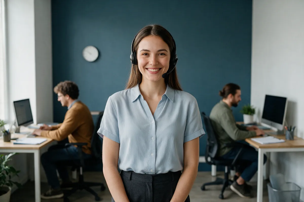 Hôtesse d’accueil avec casque gérant les appels d’un standard téléphonique virtuel