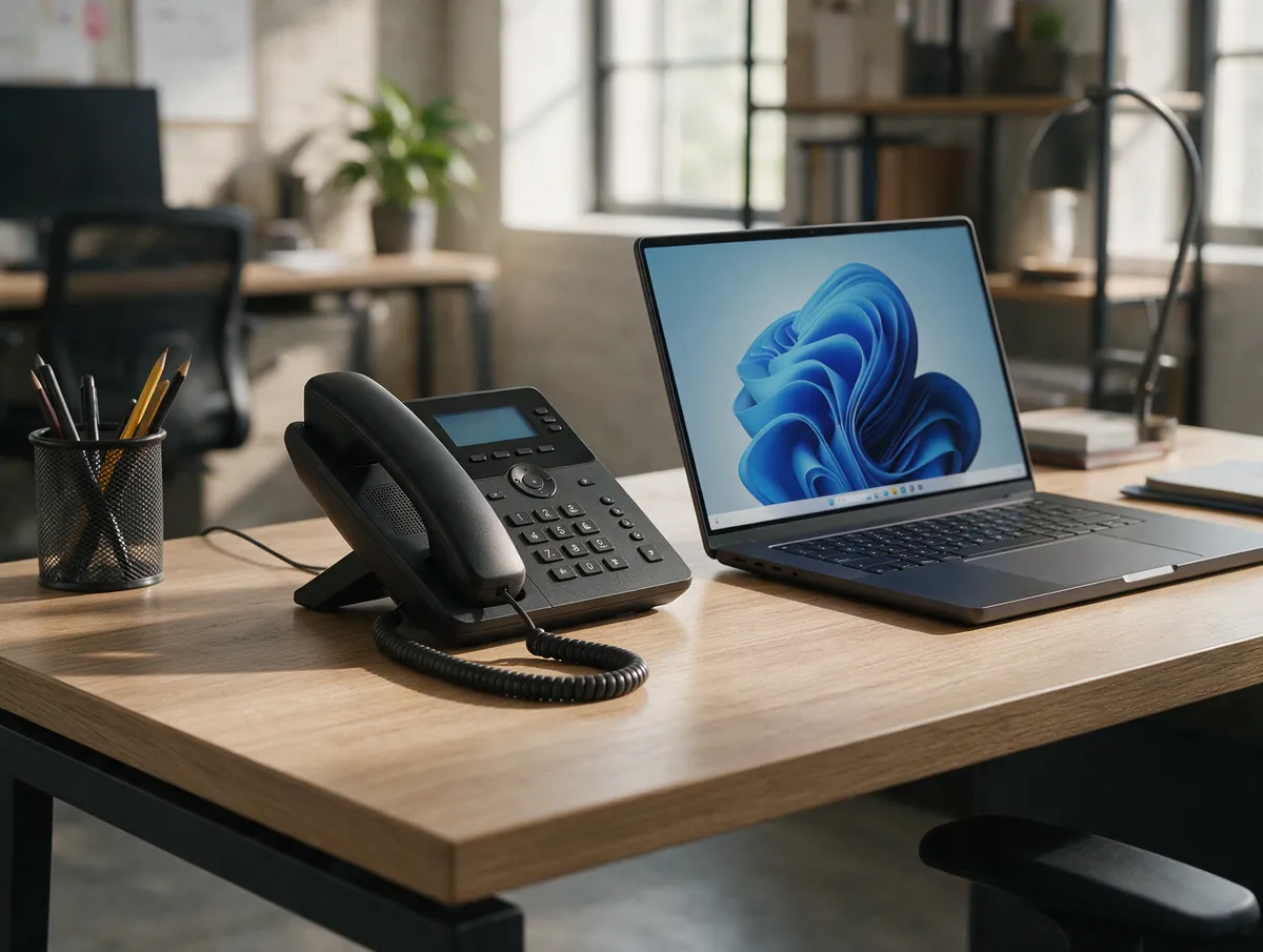 Téléphone IP VoIP sur un bureau à côté d'un ordinateur portable