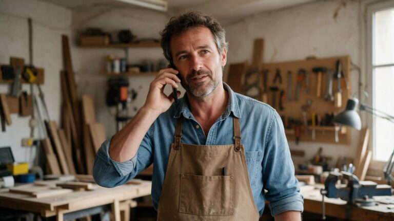 Artisan indépendant répondant à un appel professionnel sur son smartphone grâce à un numéro SIP