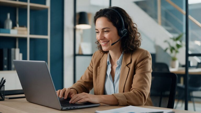 Gérante d'une petite entreprise avec un casque téléphonique gérant ses appels sur un standard téléphonique virtuel